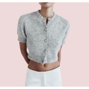 NWT Zara Gray Short Sleeve Cardigan with Embellished Collar Small